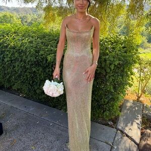 Strapless Gold Corset Tie-Up Evening Gown